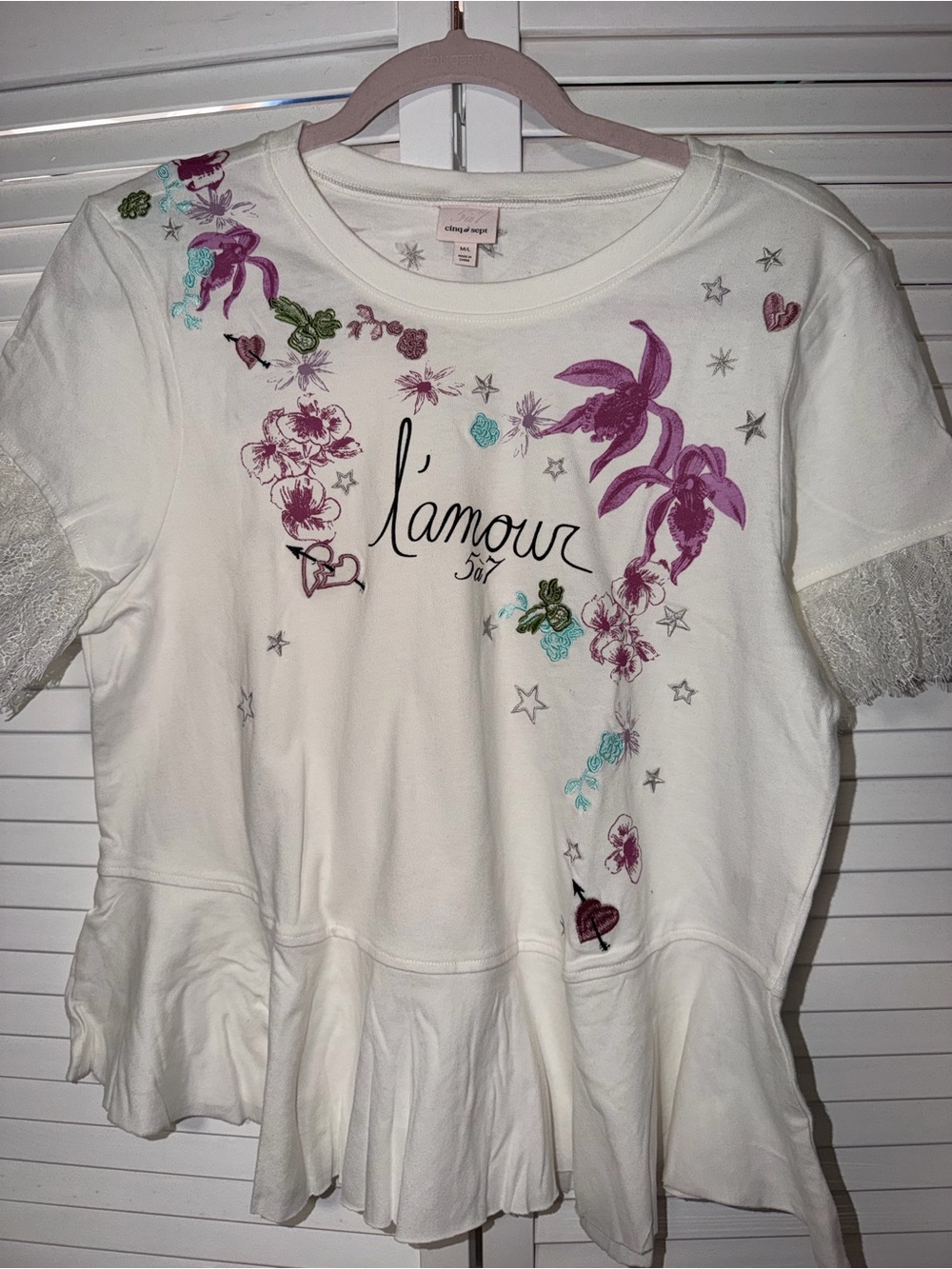 cinq a sept White Tee with Purple, Pink & Teal Floral Embroidery